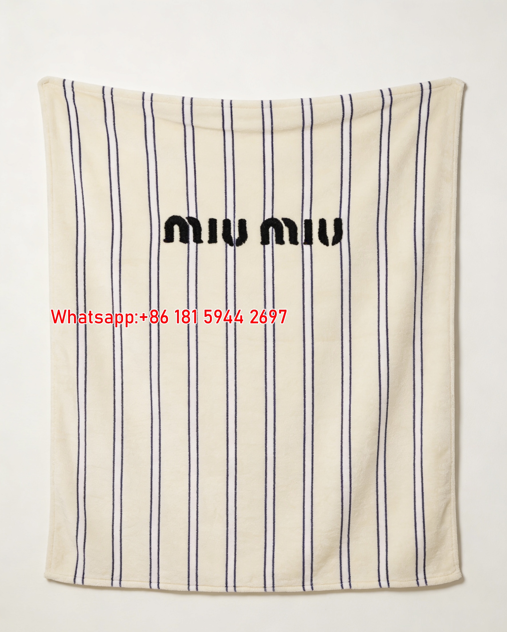 Miu Miu Striped Logo Beige Navy Blue Flannel Throw Blanket Miu Miu Embroidered Printed Sofa Blanket IMG_0349